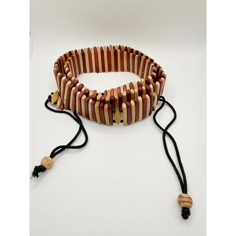 Vintage 70s Wooden Slat Bead Belt Boho Mahogany Natural Adjustable Tie Waist